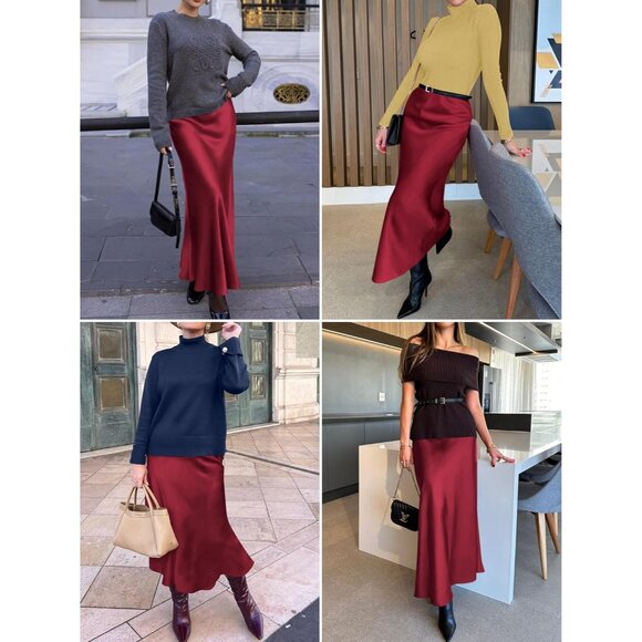 Elegant Satin Maxi Skirt for Women High Waisted Wine Red Silk Fall Dressy Casul - Picture 3 of 7